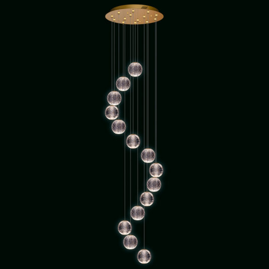The Exclusive Set Of 14 Pendant Lights is a modern chandelier with a distinctive circular gold ceiling mount. The 14 pendant lights are arranged in an elegant spiral formation, connected by thin wires for a sophisticated, floating look against a dark background.