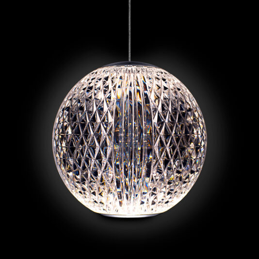 Exclusive Set of 20 Pendant Lights The Exclusive Set of 20 Pendant Lights features a spherical design with a faceted, crystal-like surface that is suspended against a dark background. The intricate pattern of the faceted surface creates a luminous and sparkling effect, casting delicate reflections of light. This exclusive set brings an opulent touch to any space.