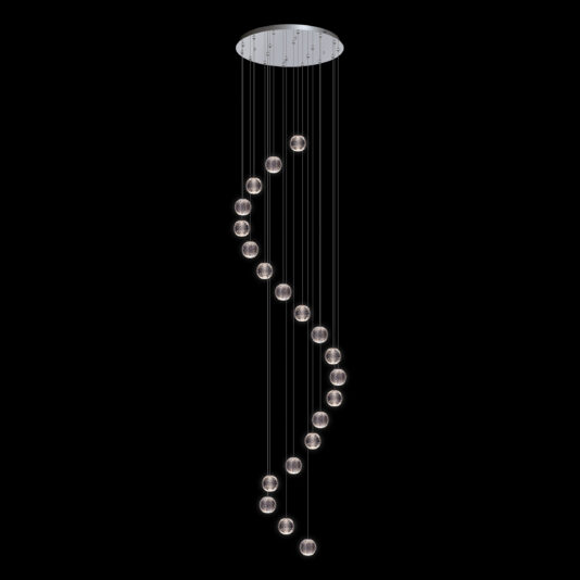 Introducing the Exclusive Set of 20 Pendant Lights, a modern chandelier with a stunning spiral formation of lights hanging from a circular chrome ceiling mount against a black background.