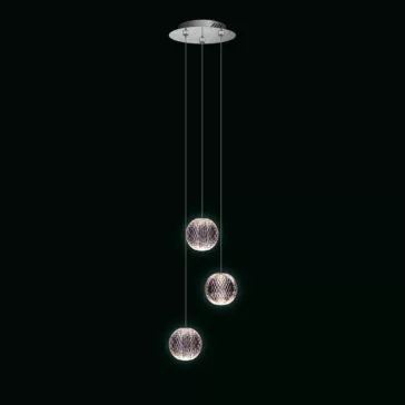 Exclusive Set of 3 Pendant Lights A modern ceiling light fixture, the Exclusive Set of 3 Pendant Lights includes spherical lamps hanging at different lengths. These spheres have a textured surface and emit a soft, white glow, all mounted on a sleek, round base against a dark background.