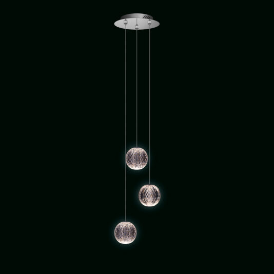 A modern ceiling light fixture, the Exclusive Set of 3 Pendant Lights includes spherical lamps hanging at different lengths. These spheres have a textured surface and emit a soft, white glow, all mounted on a sleek, round base against a dark background.