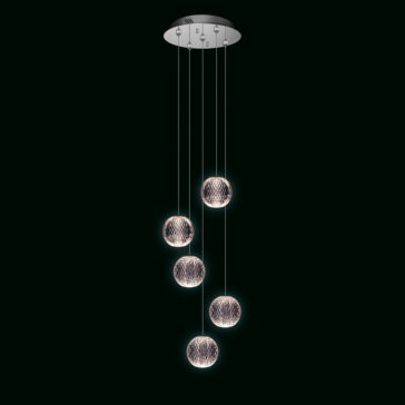 Introducing the Exclusive Set of 5 Pendant Lights, a modern chandelier featuring five pendants that hang at varying lengths from a circular base. Each sphere showcases a lattice-like pattern that emits a soft, ambient glow against a black background.
