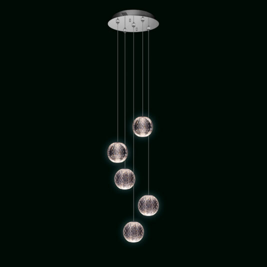 Introducing the Exclusive Set of 5 Pendant Lights, a modern chandelier featuring five pendants that hang at varying lengths from a circular base. Each sphere showcases a lattice-like pattern that emits a soft, ambient glow against a black background.