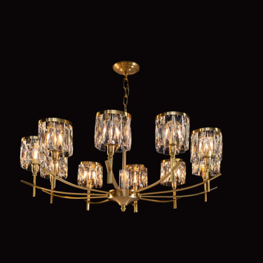 The High End 10 Arm Gold Chandelier is suspended from the ceiling by a chain. Each of its eight crystal lampshades features a faceted design that beautifully reflects the light. The chandelier boasts a modern, elegant aesthetic with slightly curved gold arms extending outward from the center, all set against a black background.