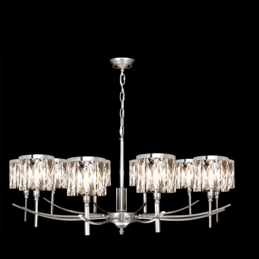 The High End 10 Arm Nickel Chandelier is a modern masterpiece with a sleek nickel frame and seven individual light fixtures, each adorned with cylindrical, textured glass shades. Suspended by a chain and set against a black background, this contemporary chandelier exudes sophistication and elegance.