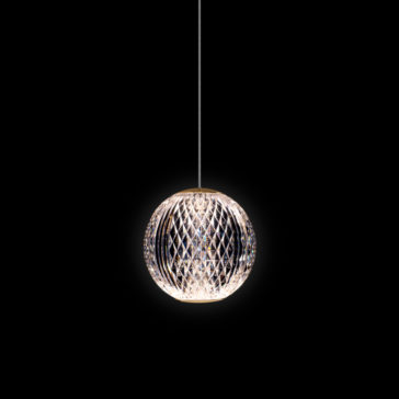 Luxury Chrome Crystal Pendant Light The Luxury Chrome Crystal Pendant Light, featuring a diamond-patterned glass design, shines brilliantly against a solid black background. Suspended from a single thin cable, it creates a modern and elegant appearance.