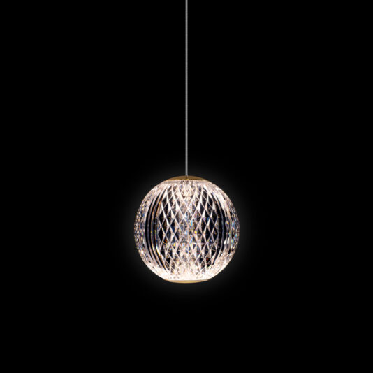 Luxury Chrome Crystal Pendant Light The Luxury Chrome Crystal Pendant Light, featuring a diamond-patterned glass design, shines brilliantly against a solid black background. Suspended from a single thin cable, it creates a modern and elegant appearance.