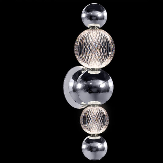 The Luxury Chrome Crystal Wall Light is a contemporary fixture featuring three large reflective spheres and two clear, lattice-patterned illuminated globes set against a sleek black background, creating an elegant and sophisticated design.