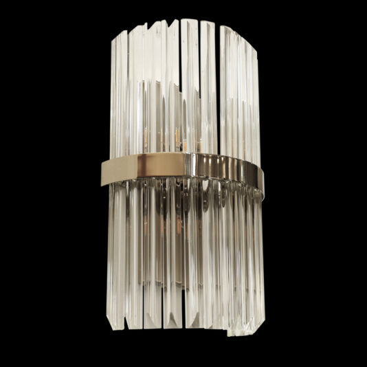 The Luxury Glass Wall Light With Brass Trim boasts an elegant design with vertical parallel rods arranged in a semi-circular shape. Its sophisticated aesthetic is enhanced by a brass trim at the center, beautifully contrasting against a black background.