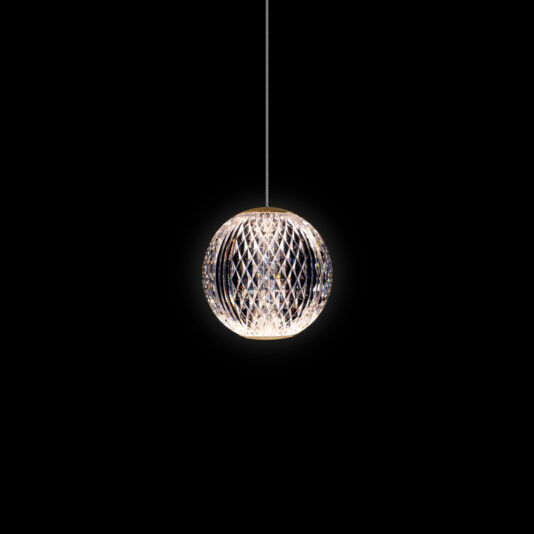 The Luxury Gold Crystal Pendant Light, suspended against a black background, forms a spherical shape with an intricately patterned design. Emitting a warm glow, it highlights the detailed geometric lattice and creates a dramatic and focused ambiance as the sole source of illumination.