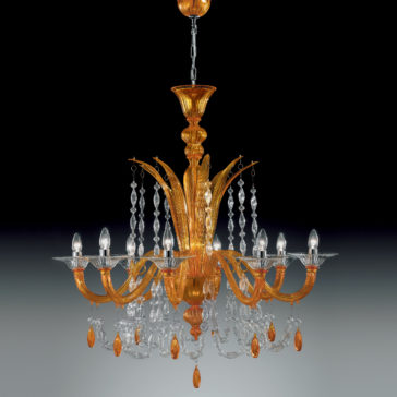 The Luxury Orange Crystal Drop Chandelier, featuring an ornate and classical design with eight arms, lit candle-like bulbs, gold-colored decorative elements, and hanging clear orange crystal drops, is set against a gradient background from dark to light.