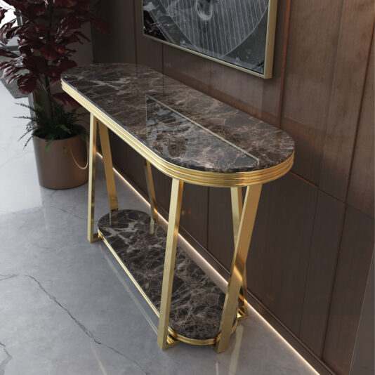 The Luxury Premium Marble Console Table, featuring a dark marble top and a lower shelf framed in gold, stands against a wooden paneled wall. To the left of the console table is a potted plant with red leaves, while the floor is crafted from polished, light-colored marble.