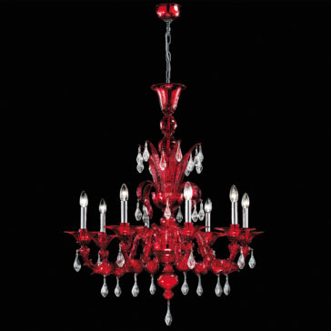 The Opulent Red Crystal Drop Chandelier features multiple candle-like light bulbs and hanging teardrop-shaped crystals, suspended from the ceiling by a chain, set against a black background.
