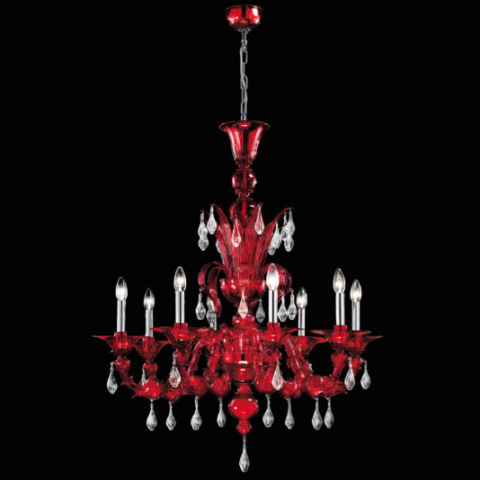 The Opulent Red Crystal Drop Chandelier features multiple candle-like light bulbs and hanging teardrop-shaped crystals, suspended from the ceiling by a chain, set against a black background.