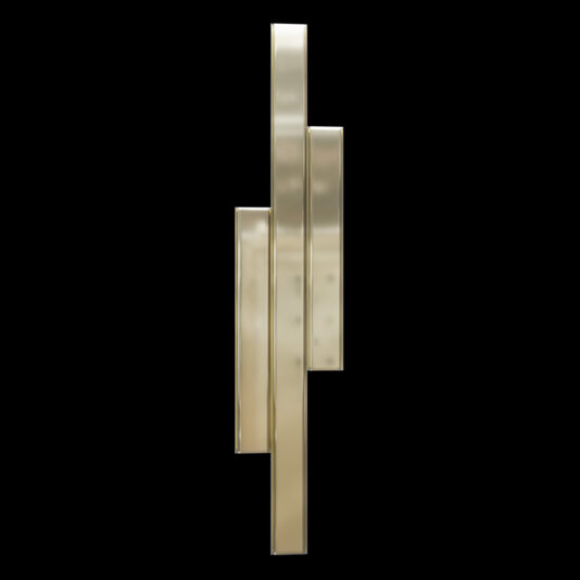 Introducing the Luxury Triple Gold Plated Wall Light—a modern and sophisticated vertical fixture featuring clean, parallel rectangular design elements that overlap at varying heights, perfectly complemented by a sleek black background.