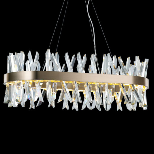 Oval Crystal And Brass Chandelier The Oval Crystal And Brass Chandelier presents a contemporary design with its sleek, oval-shaped metal frame embellished with numerous clear crystal shards arranged in a crisscross pattern. The crystals reflect light to create a sparkling effect, while thin wires elegantly suspend the chandelier from the ceiling.