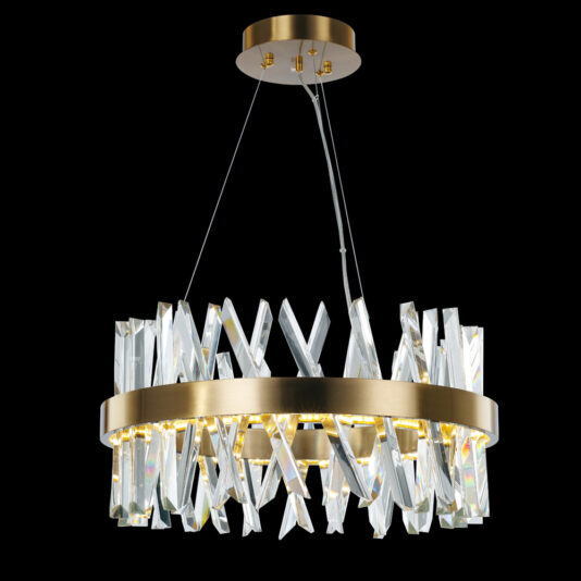 The "Round Crystal And Brass Chandelier" features a circular gold frame adorned with multiple clear, elongated crystal prisms. It is suspended by three thin wires from a round ceiling mount. The crystals beautifully reflect light, creating a sparkling effect against the black background.