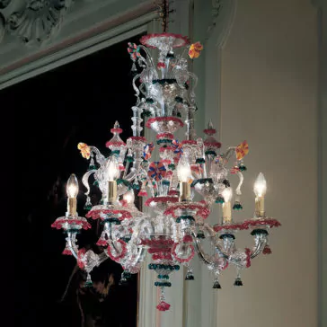 Statement Chandelier With Colourful Floral Detailing The Statement Chandelier With Colourful Floral Detailing, featuring six candle-shaped light bulbs and adorned with multicolored glass decorations, hangs in an elegant room with detailed molding on the walls. Its intricate and vibrant floral design adds a touch of sophistication to the space.