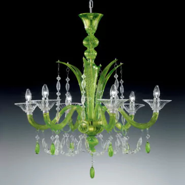 Statement Green Crystal Drop Chandelier The Statement Green Crystal Drop Chandelier is an exquisite piece, featuring eight candle-like light bulbs gracefully suspended from elegantly curved arms made of green and clear glass. This chandelier is adorned with intricate crystal drop ornaments, including teardrop-shaped designs, all beautifully set against a gradient gray background.
