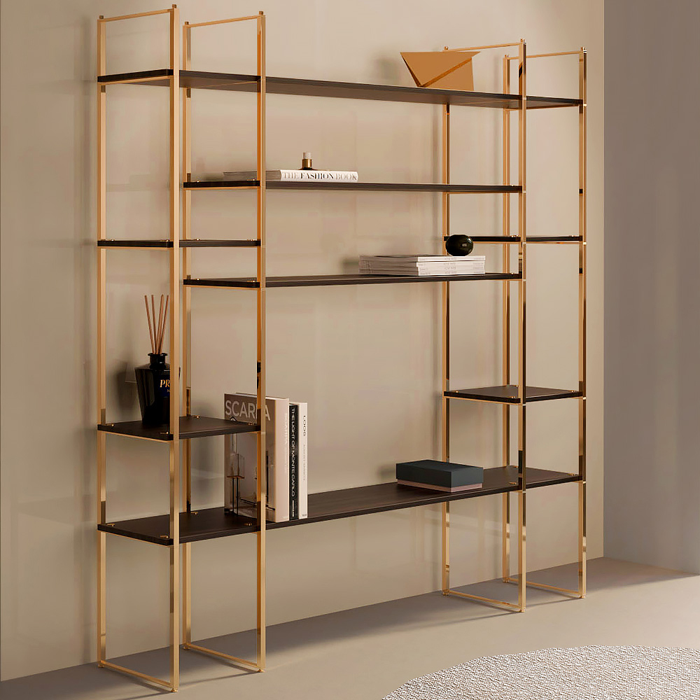Stylish Brass And Wood Bookcase