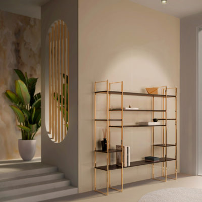 Stylish Brass And Wood Bookcase - Juliettes Interiors