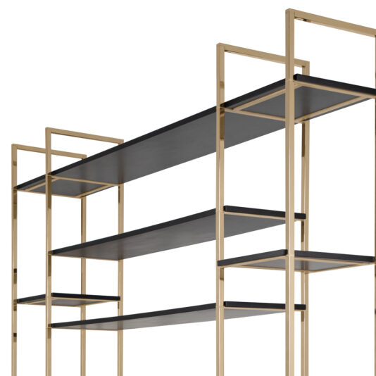 The Stylish Brass and Wood Bookcase features a sleek design with a gold-colored metal frame and three black shelves. Its clean, straight lines give it a minimalist appearance.
