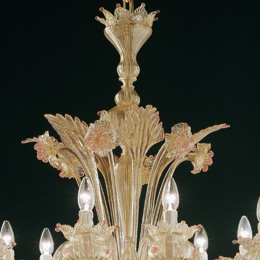 The Gold Glass Chandelier With Nature Inspired Details is a lavish piece featuring intricate glasswork with floral motifs and multiple elegant, curved arms. Adorned with delicate glass flowers and leaves, this chandelier creates a luxurious and ornate design inspired by nature against a solid black background.