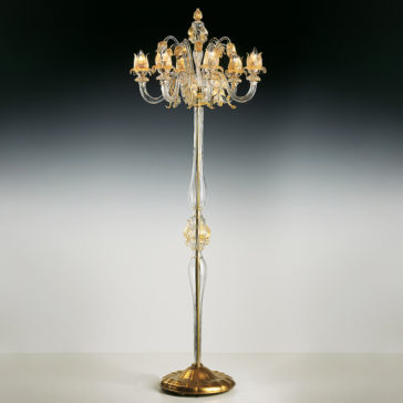 Classic Floral Gold Glass Floor Lamp The Classic Floral Gold Glass Floor Lamp features a tall, elegant antique-style design with a gold brass base and intricate glass details. It has multiple ornate arms extending outward, each holding a candle-like light fixture adorned with decorative glass shades, offering a luxurious and classic floral appearance.