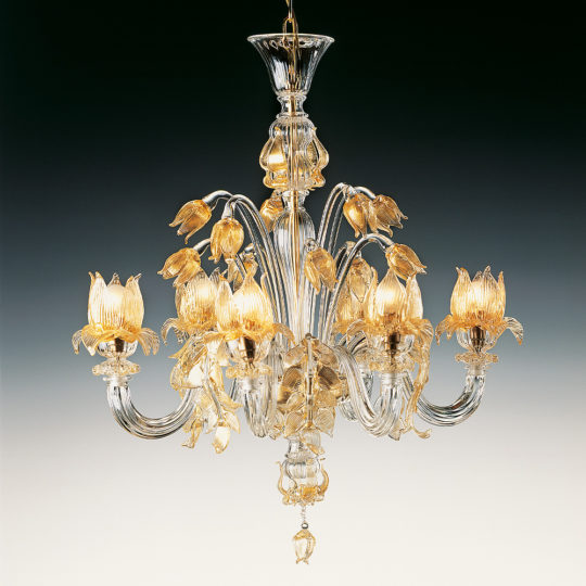 The Classic Floral Gold Glass Chandelier exudes luxury with its ornate design, showcasing numerous crystal-clear and gold glass elements shaped like flowers. Hanging against a gradient dark background, the light glows warmly, illuminating the intricate details of this floral masterpiece.