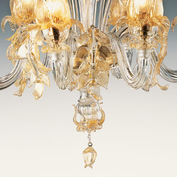 A detailed view of the Classic Floral Gold Glass Chandelier, showcasing its intricate glass and metalwork. This luxurious piece features a classic design with multiple arms adorned with ornate leaves, flowers, and hanging crystal pendants. Each part is illuminated by glowing light bulbs that create a warm ambiance.