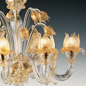 A close-up of the Classic Floral Gold Glass Chandelier highlights its ornate leaf-shaped lamps and curving crystal arms. Intricate floral designs exude elegance and luxury against a soft gradient background.