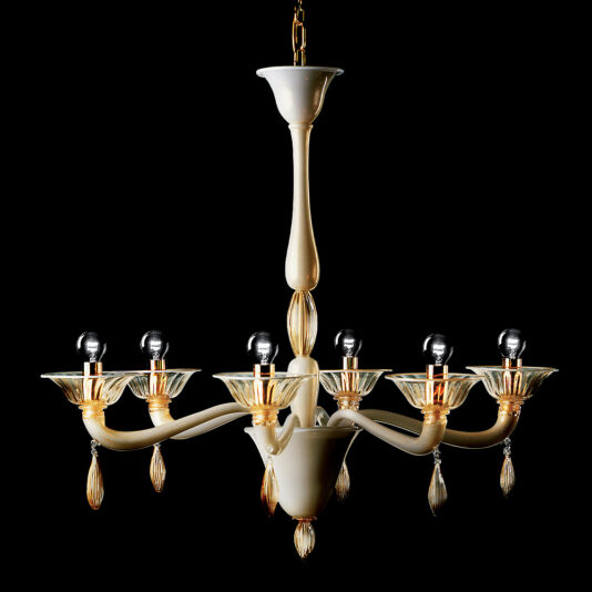 The Classic Gold Glass Chandelier With Gold Frame is a vintage lighting fixture with an elegant design, boasting five arms each supporting a clear glass bulb enclosed by a bell-shaped shade. The chandelier features a white, glossy finish and is suspended from a single chain against a black background.