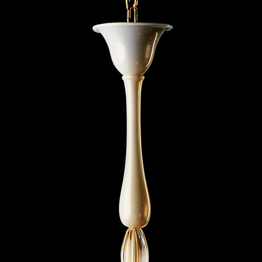 A tall, elegant pendant light with a glossy white, narrow, elongated stem and a wide, flared top. This timeless fixture features a gold accent at the top and exudes the classic allure of the Classic Gold Glass Chandelier With Gold Frame. Set against a black background, it radiates sophistication.