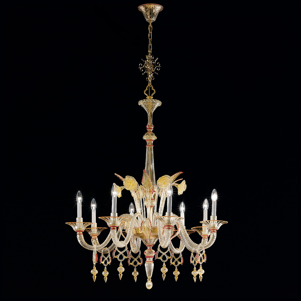 Classic Ornate Gold And Red Glass Chandelier