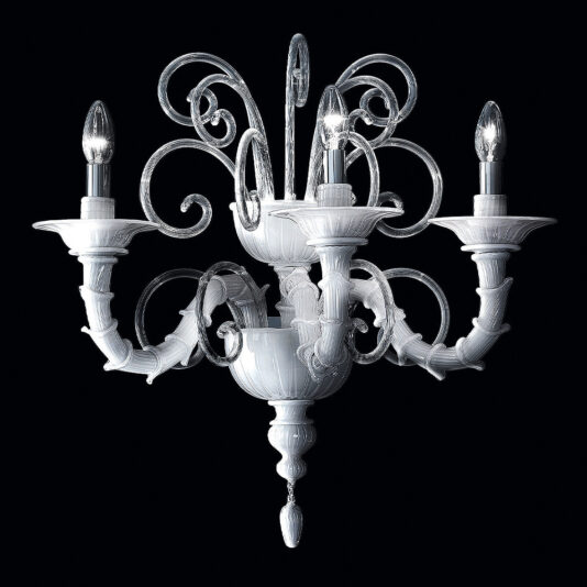 The Classic White Glass Wall Light showcases three candle-shaped light bulbs and intricate, swirling clear glass designs with a glossy white finish against a black background, blending traditional elegance with ornate sophistication.