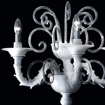 A close-up of the Classic White Glass Wall Light reveals an ornate design with intricate, swirling glass arms and three candle-shaped light bulbs. The detailed craftsmanship is highlighted against a dark background, emphasizing the wall light's elegant and delicate structure, reminiscent of a traditional chandelier.