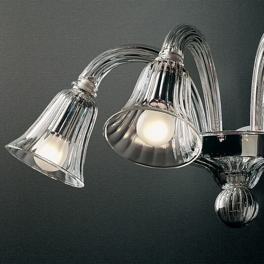 Clear Ribbed Detail Glass Wall Light A close-up view of the elegant and contemporary Clear Ribbed Detail Glass Wall Light, featuring two bell-shaped glass lampshades. The sleek, curved design showcases clear ribbed detail, enhancing its sophisticated and modern appearance. The light bulbs are visible through the transparent shades.