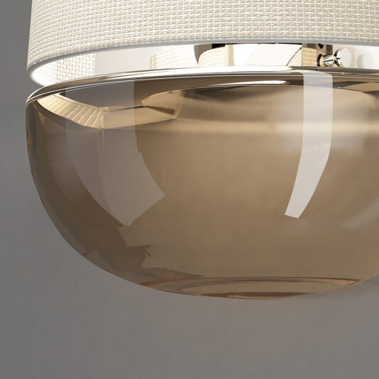 A close-up of the Contemporary Dome Glass Wall Light, showcasing its sleek and elegant design with a beige fabric lampshade and a glossy, semi-transparent bronze-tinted glass bottom. The light is turned off, highlighting its contemporary style.