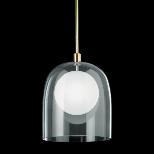 The Contemporary Long Glass Dome Pendant Light features a sleek brass stem and mount, complemented by a minimalist clear glass dome-shaped shade that elegantly showcases a white spherical inner bulb. The design is contemporary and refined, standing out beautifully against a black background.