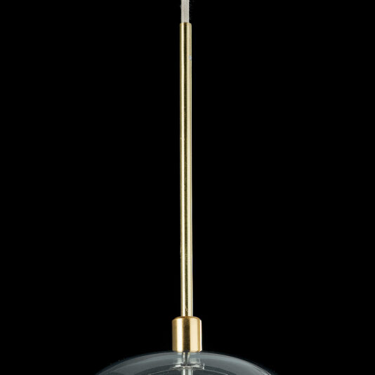 The Contemporary Glass Dome Pendant Light showcases a cylindrical gold rod and a transparent globe-like shade hanging from a thin cable. This minimalistic and stylish fixture blends contemporary design with elegant simplicity, beautifully highlighted against a black background.