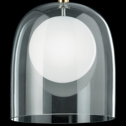 The Contemporary Glass Dome Pendant Light showcases a minimalist design with a spherical white bulb encased in transparent glass. Its clean lines and sleek, modern aesthetic are complemented by the black background, which accentuates the fixture's clarity and simplicity.