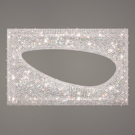 A rectangular, crystal-studded clutch bag with an asymmetrical cutout in the center is displayed against a neutral background. Reminiscent of the Contemporary Suspended Crystal Pendant Chandelier, the bag's surface glimmers with numerous small, reflective crystals, creating a suspended sparkling effect.