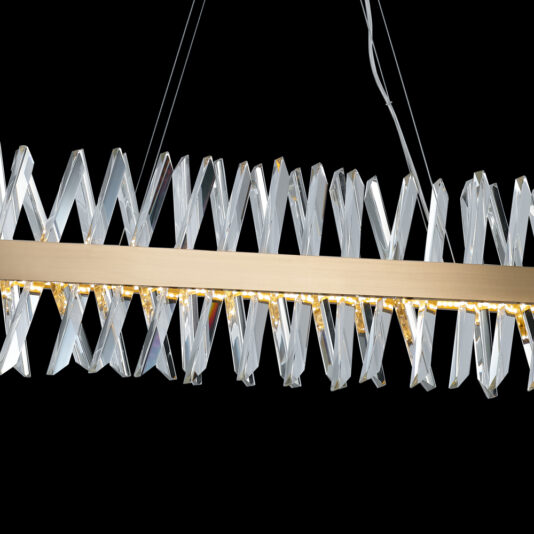 Narrow Brass Crystal Chandelier The Narrow Brass Crystal Chandelier features interconnected, zigzagging crystal panels and a long, horizontal gold bar at its center. The juxtaposition of its crystals and metal elements creates a striking modern aesthetic against a black background.