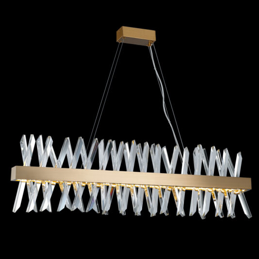The Narrow Brass Crystal Chandelier features a sleek, minimalist design with a narrow brass frame adorned with multiple elongated clear crystal prisms hanging in a zigzag pattern. It is suspended by two thin cables and stands out beautifully against a black background.