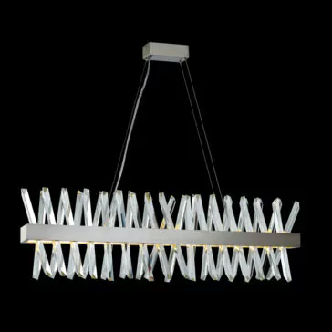 Narrow Nickel Crystal Chandelier A modern rectangular pendant light fixture featuring a brushed metal frame and crisscrossing clear glass elements channels the elegance of the Narrow Nickel Crystal Chandelier. Suspended by two thin black cables, this piece presents a contemporary and sophisticated design against a black background.