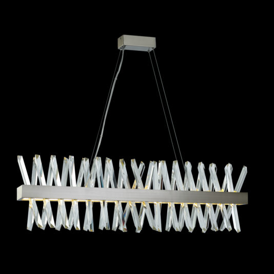 A modern rectangular pendant light fixture featuring a brushed metal frame and crisscrossing clear glass elements channels the elegance of the Narrow Nickel Crystal Chandelier. Suspended by two thin black cables, this piece presents a contemporary and sophisticated design against a black background.