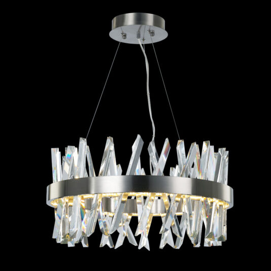 The Exclusive Round Nickel Chandelier showcases a circular metallic frame suspended by thin cables. Adorned with multiple vertical, angular crystal rods evenly distributed around the frame, it exudes a sparkling, contemporary appeal against a black backdrop.