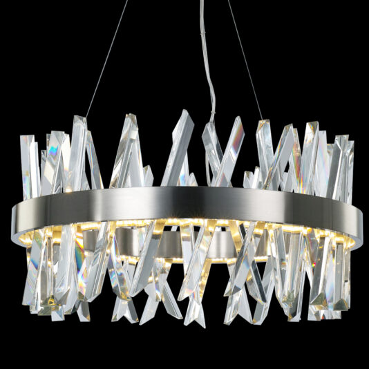 Exclusive Round Nickel Chandelier Introducing the Exclusive Round Nickel Chandelier, a stunning light fixture featuring a circular metal frame adorned with numerous angled clear crystal prisms. This modern chandelier boasts an elegant and artistic design, with LED lights illuminating the crystals and creating a dazzling effect against its black background.