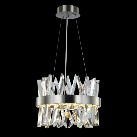 The Exclusive Small Nickel Pendant Light mirrors the elegance of a modern chandelier, featuring a circular metal frame adorned with crystal-like geometric prisms. These prisms hang from two thin rods, emitting bright light in multiple directions, set against a striking black background.
