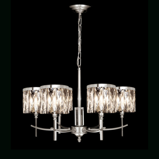 High End 6 Arm Nickel Chandelier A modern chandelier with a sleek silver finish and five cylindrical crystal lampshades. Each lampshade emits a warm, soft light, suspended from a chain, giving the piece an elegant and sophisticated look.